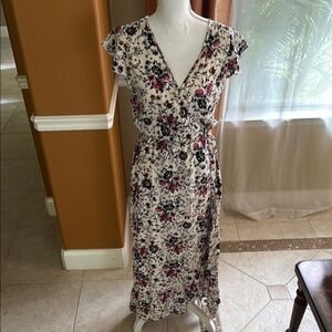 Band of Gypsies Floral Midi Dress - Cream, Red, Blue